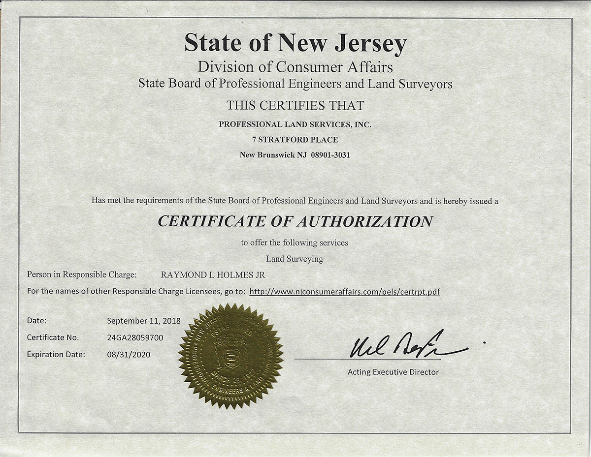 Certificate of Authorization for Land Surveying in NJ