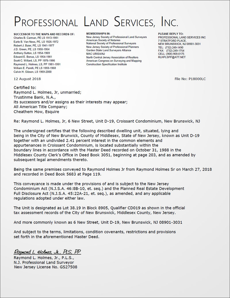 New Jersey Condominium Certification Letter
